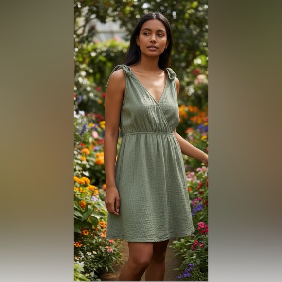 Casual Sage Green Linen 
Crinkle,baby doll dress
shoulder ties soft & breathable - Picture 2 of 8